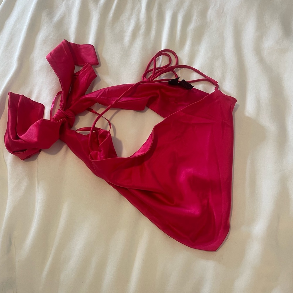 Pink satin cropped tie top